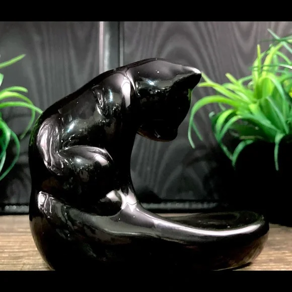 Vintage Haeger Style Black Cat | Gazing Bowl | Art Glass Cobalt Bowl - Picture 11 of 13